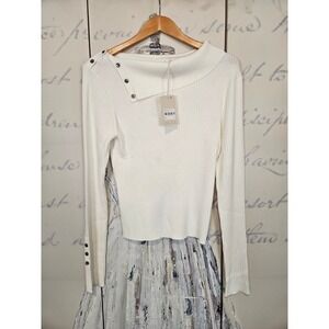 Nude Lucy Dreyfos Knit LS Top Salt White Asymmetric Ribbed Sweater XL NEW